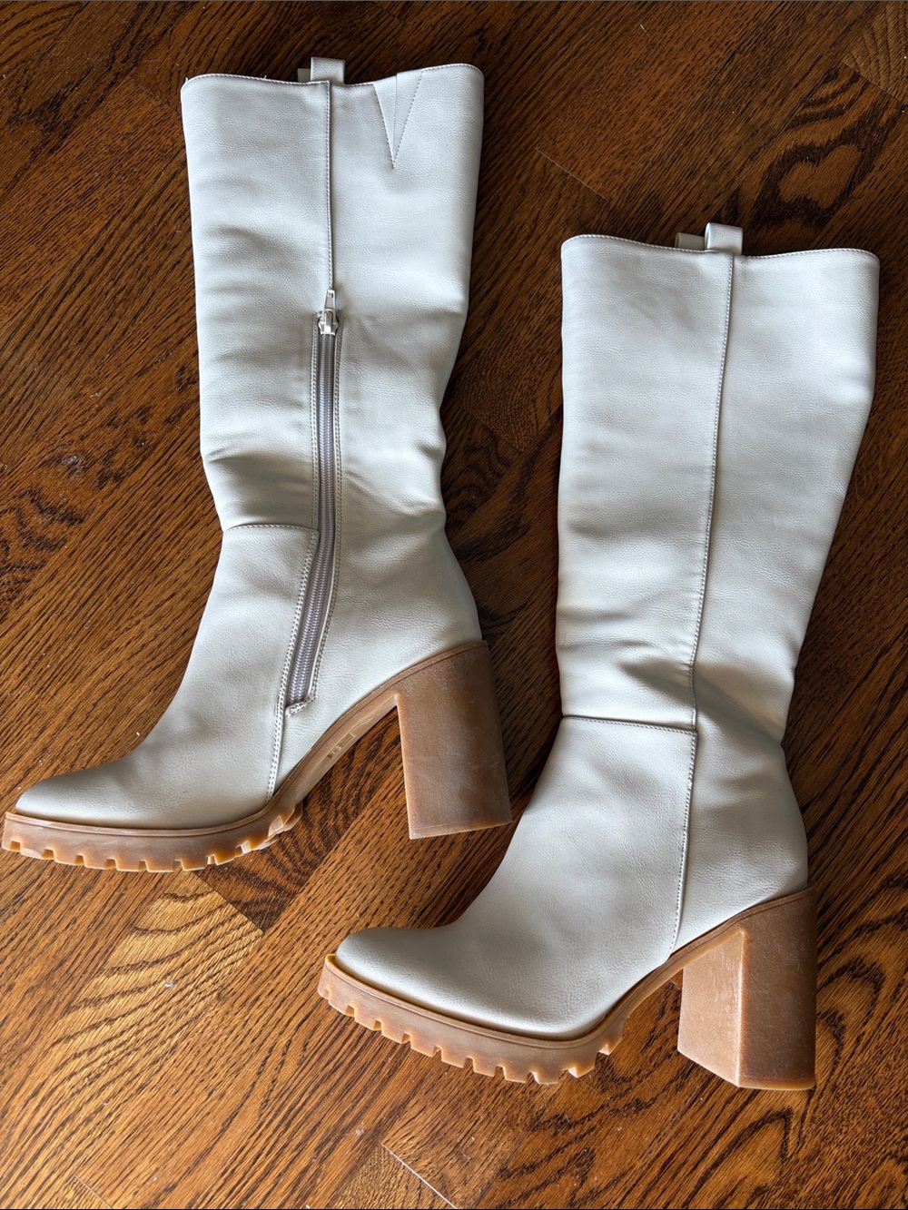 Coconuts by Matisse Light Gray Knee-High Block Heel Boots with Tan Lug Sole
